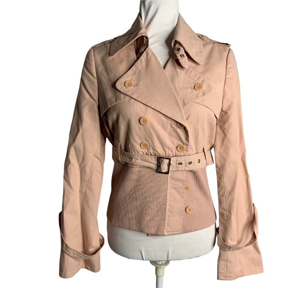 Vintage BCBG Button Front Jacket M Pink Belted Ribbed Knit Trim